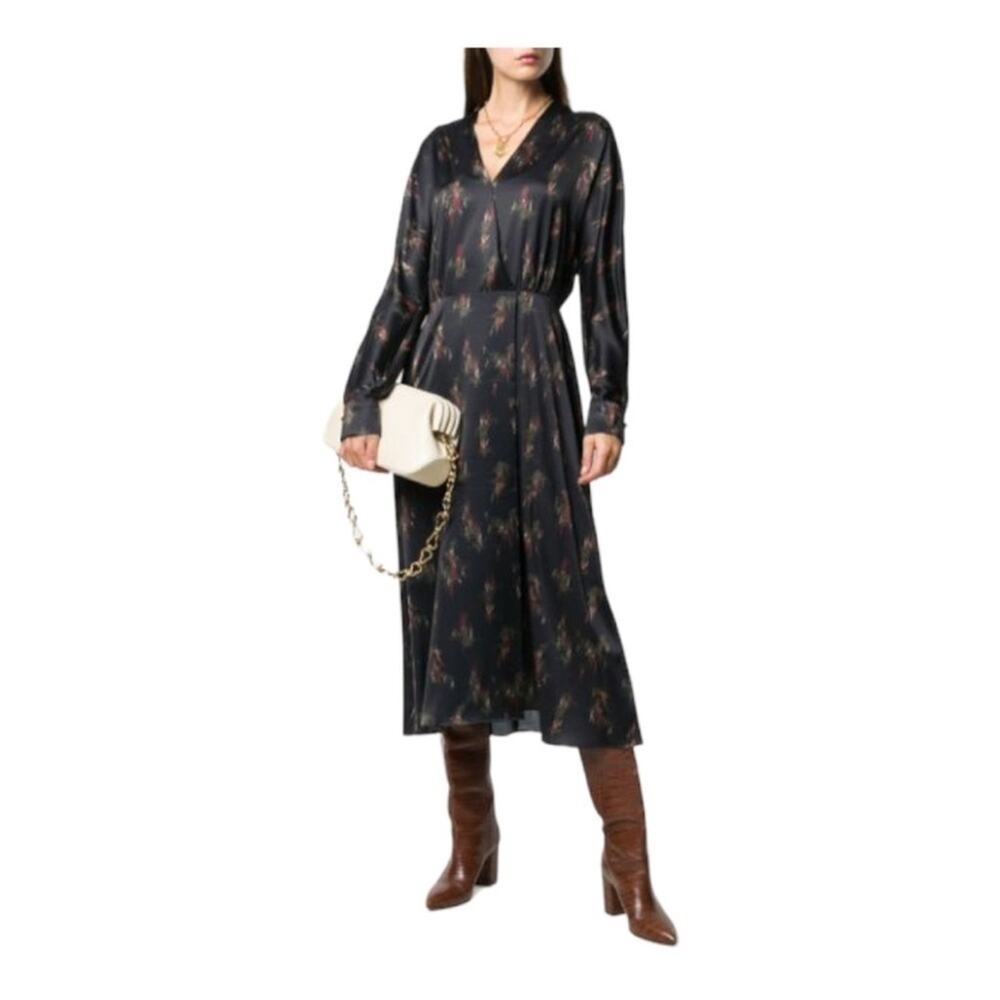 Vince Wisteria Dolman Sleeve Midi Dress Black Floral sz M Long Sleeve *flawed*